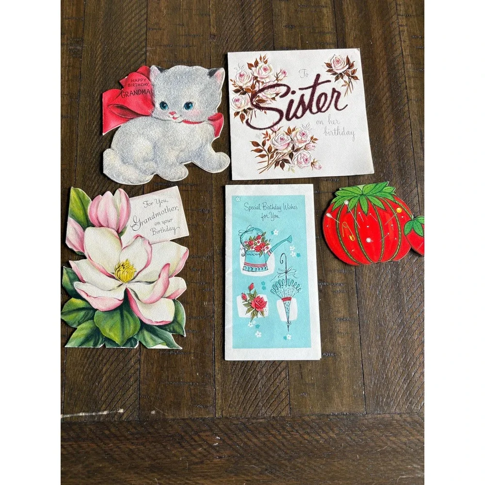 5 VTG Birthday Cards Signed 1950's Tomatoe Kitten Magnolia Rise Hallmark Mica‎